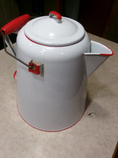 Vtg 1940's Primitive Farmhouse White & Red Enamelware Cowboy Campfire Coffee Pot picture