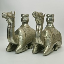 Pair Tin Over Wood India Camel Taper Candle Holders Repoussé Folk Art 1970s VTG picture