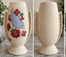 1940s Vintage Norton Vase Cleveland Ohio Bird Floral Art Pottery Pierced Handles picture