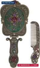 Antique Vintage Hand Mirror Comb Set - Vanity Handheld Makeup Mirror Bronze picture