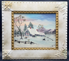 Original Signed G. Davis Folk Art Painting Winter Landscape Exquisite Frame 17