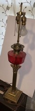 Vintage Tall Ruby/Cranberry Glass Column Brass Banquet Lamp 33”  Electrified picture