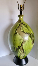 Vintage MCM Ceramic Art XXL Lamp Intricate Abstract Drip Glaze Green 60's picture