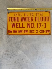 Vintage Shell Oil Co. TDHU Water Flood Porcelain Oilfield Sign 18x10 picture