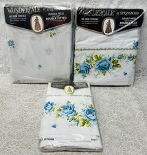 Vintage Springmaid Wondercale Double Bed Sheet Set Blue Roses 1970's NOS picture