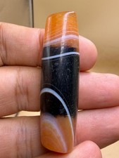Old Tibetan Banded Agate Barrel Bead Orange Black White Striped Bead picture