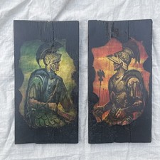 ⁠Pair Vintage MCM Decoupage Roman Soldier Centurion Wood Wall Plaques Art 1960s⁠ picture