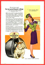 1944 General Tire Ad ~ BULLDOG ~ Sad Bull Dog and a Lady in a Hat picture