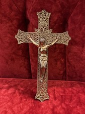 Catholic Brass Filigree Cross Wall Hanging Crucifix Jesus INRI Gold Tone 9”x 5.5 picture