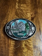 Vtg 1991 Siskiyou American Eagle Pewter Black Green Enamel Belt Buckle Oregon picture