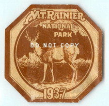 MT. RAINIER NATIONAL PARK ~WASHINGTON~ Scarce & Historic Luggage Label, 1937 picture