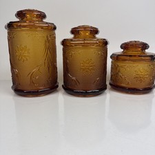 VINTAGE TIARA INDIANA GLASS SANDWICH AMBER CANISTER SET OF 3 & LIDS 5.5 7.5 9.5 picture