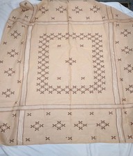 Vintage Hand Embroidered Linen Table Cloth Beige & Brown 60