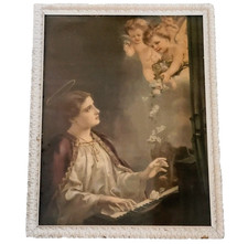 Antique 1900's St Cecilia Patron Of Musicians Framed Religious Lithograph 17x22