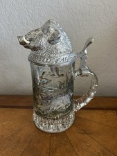 Rare BMF W. German Pewter Boar’s Head Glass Beer Stein Colored Etching Wildlife  picture
