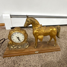 Vintage horse Clock Gold Tone on Wood Base, Old Orchard Beach ME picture