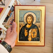 Handmade Wooden Icon with Jesus Christ of Sinai in gold leaf With amazing detail picture