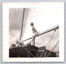 1940s Woman Standing on Sailboat Deck Rigging Vintage B&W Photo Snapshot picture