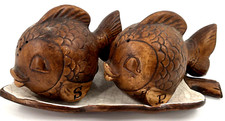 VTG Treasure Craft USA Kissing Fish Salt Pepper w/ tray Ceramic Wooden Color MCM picture