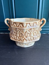 Antique Weller-STYLE Ivory Ceramic Handled Jardiniere/Planter – Floral Embossed picture