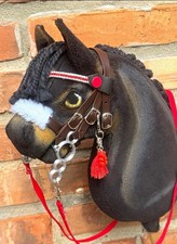 Fabric Horse Head Figurine Black Plush with Bridle and Red Reins picture