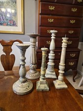 Farmhouse Turned Wood Candle Holders Set of 5 Graduated Pricket Pillars Pedestal picture