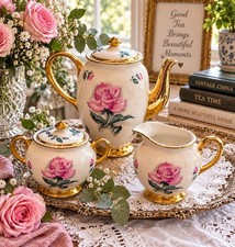 Vintage Kingwood China USA Pink Rose Gold Trim Teapot Sugar Creamer 3 Pc Set picture