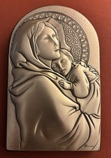 Vintage 925 Sterling Silver Madonna & Child Plaque Signed L. Pesaresi Italy 4.5