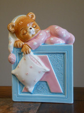 Vintage 1984 Lefton Sleepy Teddy Bear Baby Alphabet Block Planter -  picture