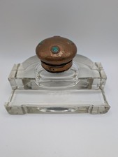 Antique Hansa D.R.P. D.R.G.M. German Glass Inkwell Hammered Metal Green Cabochon picture
