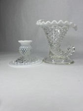 Pair Fenton White Opalescent Glass Hobnail Candle Holders picture