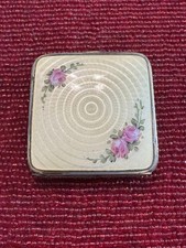 Vintage Guilloche Enamel Powder Compact Pink Roses Floral Mirror Vanity Case picture