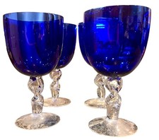 4 VTG Cobalt Royal Blue Water Wine Tea Goblets Twisted Stem Art Glass  16-20oz picture