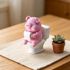 Adorable Pink Pig on Toilet Figurine - Whimsical Pvc Decor for Home, Office, & C picture