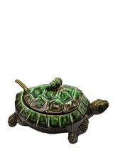 Vintage Tilso Japan Ceramic Turtle Soup Tureen & Ladle MCM Green Drip Glaze picture