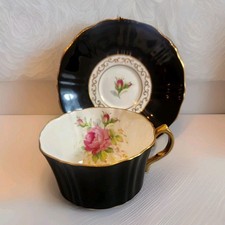 Vtg Old Royal Bone China Wetley Rose Floral Teacup and Saucer Black Gold Trim picture