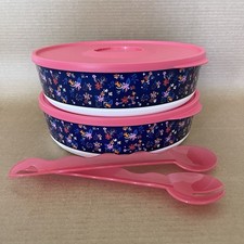 Tupperware Falling for Floral Serving Bowl Set of 2 Large 10.5 Cup + Salad Tongs picture