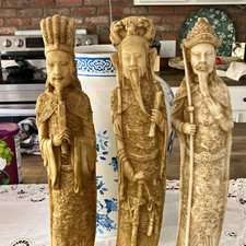 Set of 3 Asian Elder Men Figurines Carved Look Resin Beige/Brown picture