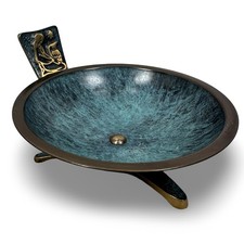 Vintage MCM Brass Verdigris Patina Tripod Serving Bowl Israel 1960s Judaica picture