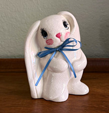 Vintage Rabbit Figurine White Bunny w/ Blue Ribbon Bow White Rabbit Figurine picture
