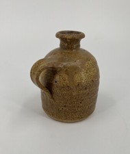 Small Brown/Tan Stoneware Pottery Glazed Handled Primitive Jug/Pitcher Signed Z8 picture