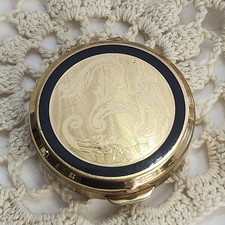 Vintage Stratton England Pill Box Floral  Gold Tone with Black Enamel Rim picture