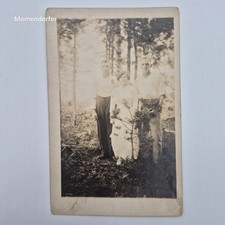 Antique RPPC Real Photo Postcard Woman Two Men in Pine Woods Pipe NOKO 1910s picture