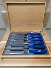 Marples Sheffield England Blue Chip Set (6) Chisels Record Tool Wood Box Vintage picture