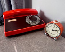 Vintage Tesla Rotary Phone & Ruhla Orange Alarm Clock Set Space Age MCM GDR 70s picture
