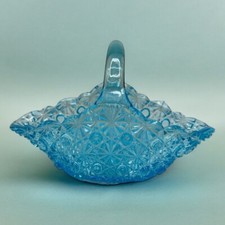 Vintage Fenton Daisy & Button Blue Glass Small Basket circa 1950 s picture