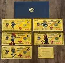 Smurfs 24K Gold Foil Banknotes 5pc Complete Set COA Papa Smurf Smurfette NEW picture