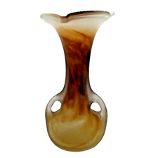 Art Glass Vase Orange Tones Swirled Frosted With Handles Slightly Fluted Rim picture
