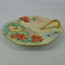 Vintage Hand painted floral green nappy trinket Dish w handle picture