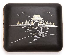 Vintage Japanese Iron Gold Silver Damascene Cigarette Case Korea Temple Komai picture